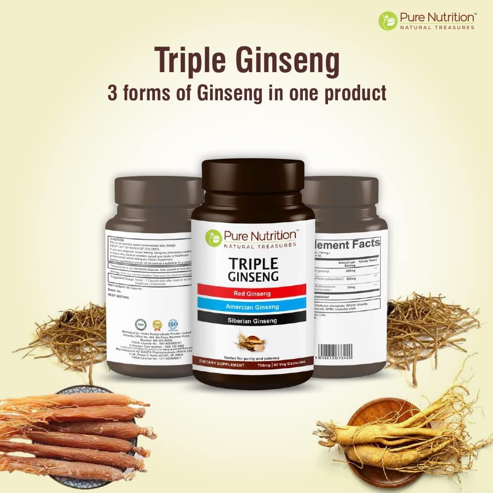 Pure Nutrition Triple Ginseng 650mg | 120 Caps | Complex for Men and Women | Highly Effective Combination of Red, American and Siberian Ginseng. Non GMO