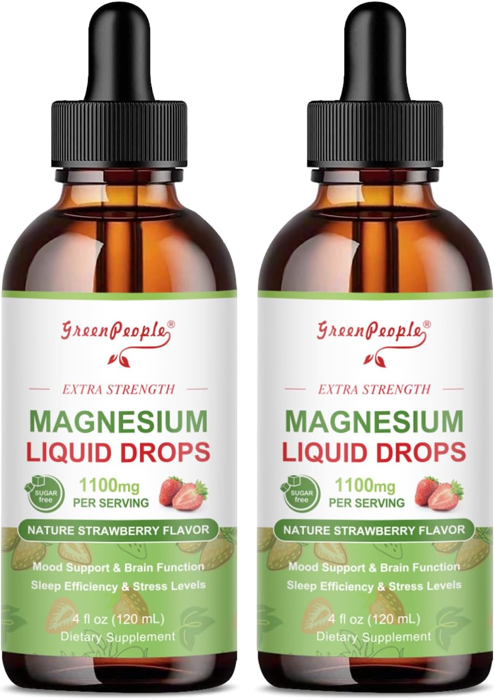 GREENPEOPLE Magnesium Glycinate Liquid Drop - 17-in-1 Triple Absorption Magnesium Supplement with Magnesium Glycinate 400mg & Citrate 500mg for Muscle & Sleep,4 fl. oz Strawberry Flavor-2 Pack