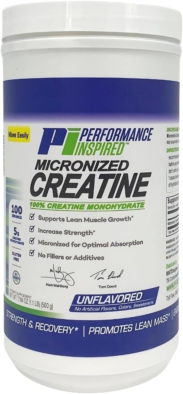 PERFORMANCE INSPIRED Nutrition Micronized Creatine Monohydrate – 100% Pure, Unflavored – 5G Per Serving – 100 Servings – 1.1 LB
