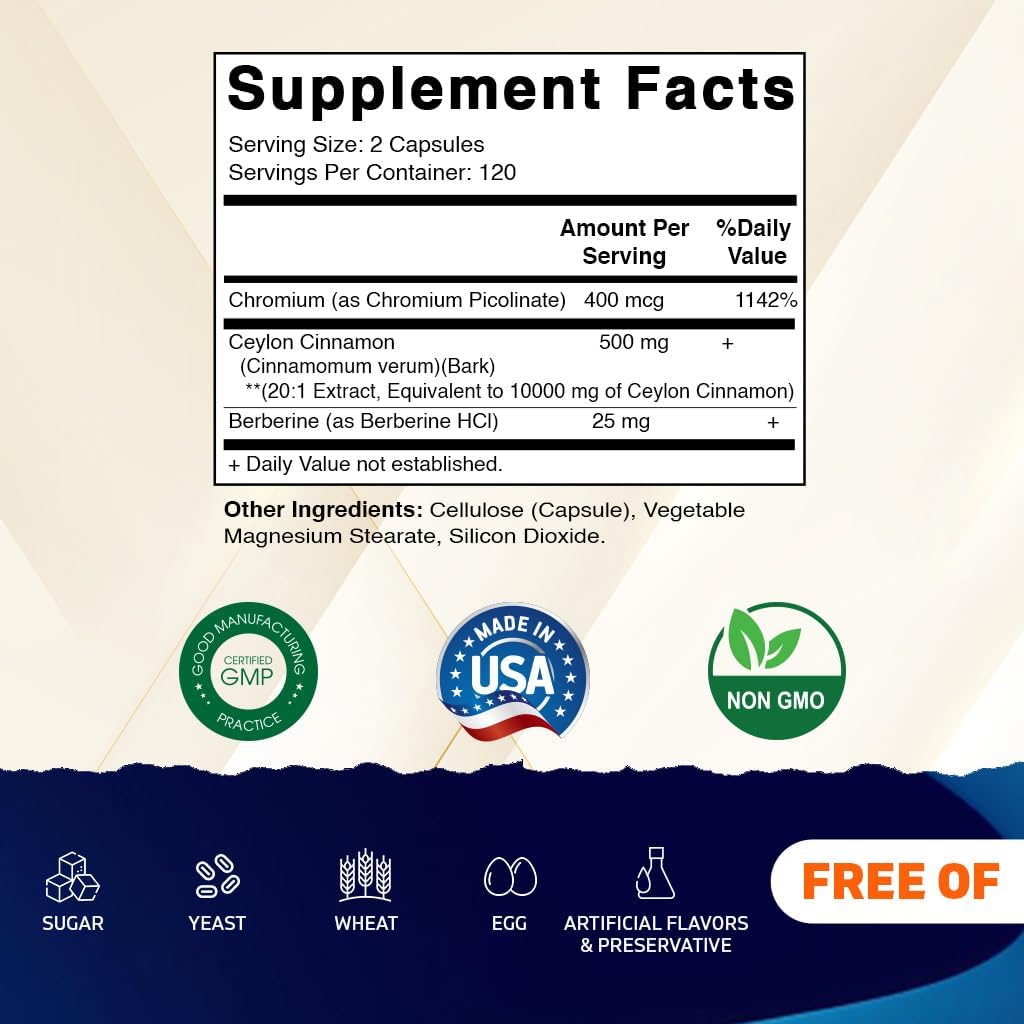 Vitamatic Ceylon Cinnamon 10000 mg Equivalent Per Serving (from 20:1 Extract 500 mg) with Berberine & Chromium - 240 Vegetable Capsules - Non-GMO & Gluten Free