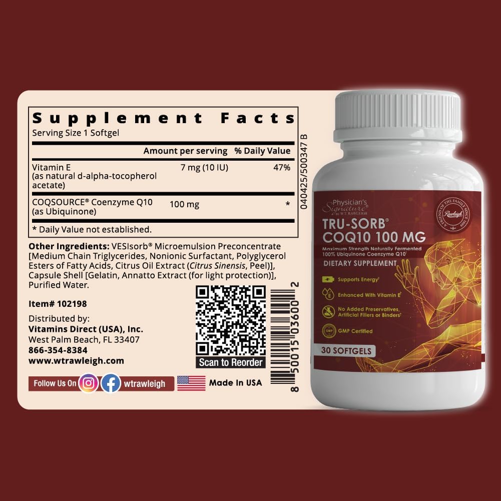Tru-Sorb Natural COQ10 100mg: 30 Softgels - Supplement with Naturally Fermented 100% High-Potency Coenzyme q10 Ubiquinone, Vitamin E, 6X Ultra high Absorption for Cellular & Heart Health Support