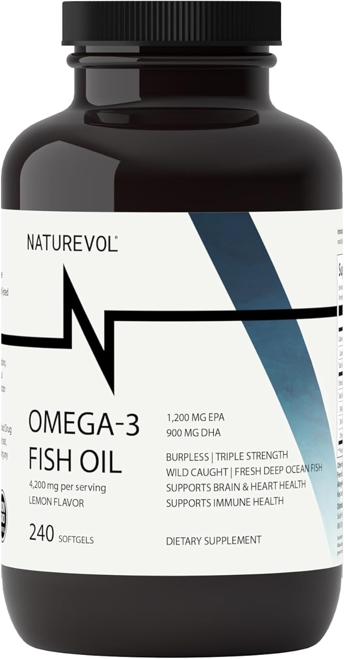 Triple Strength Omega-3 Fish Oil 4200mg – 1200mg EPA + 900mg DHA | High Potency Burpless Softgels | Wild-Caught Deep Ocean Fish Oil | Lemon Flavor - 240 Softgels