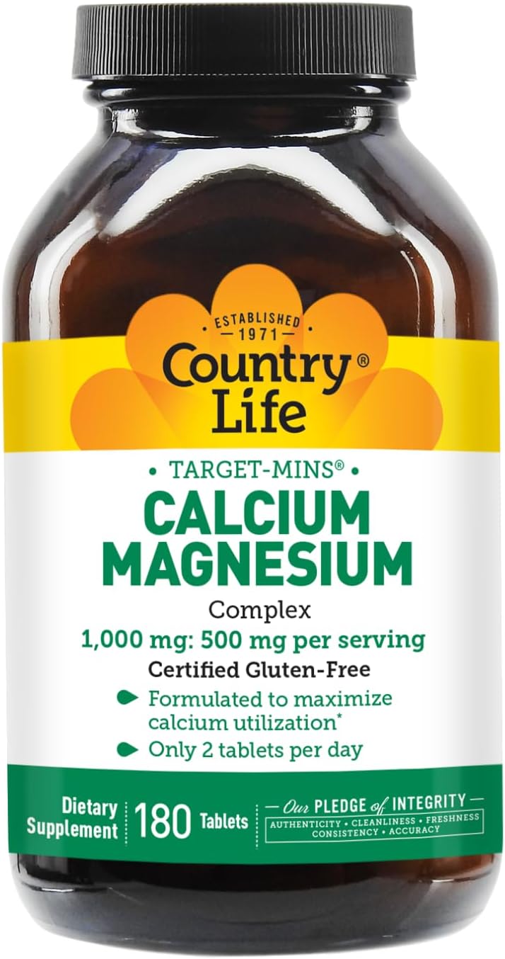 Country Life Target-Mins Calcium Magnesium Complex 1000mg/500mg, 180 Tablets, Certified Gluten Free, Certified Vegan, Certified Non-GMO Verified