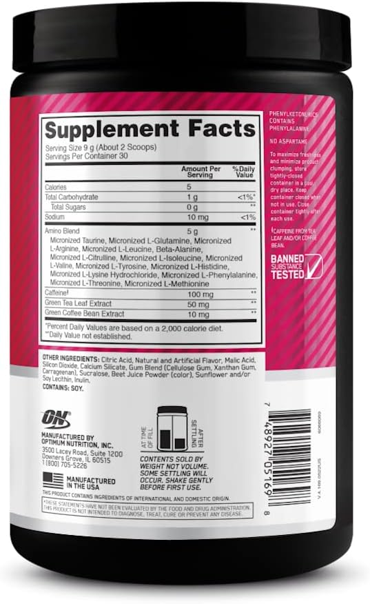 Optimum Nutrition Amino Energy Powder – Energy & Focus Pre Workout with Amino Acids, BCAA, Green Tea Caffeine & Coffee, Muscle Recovery Support – Strawberry Lime, 30 Servings (Packaging May Vary)