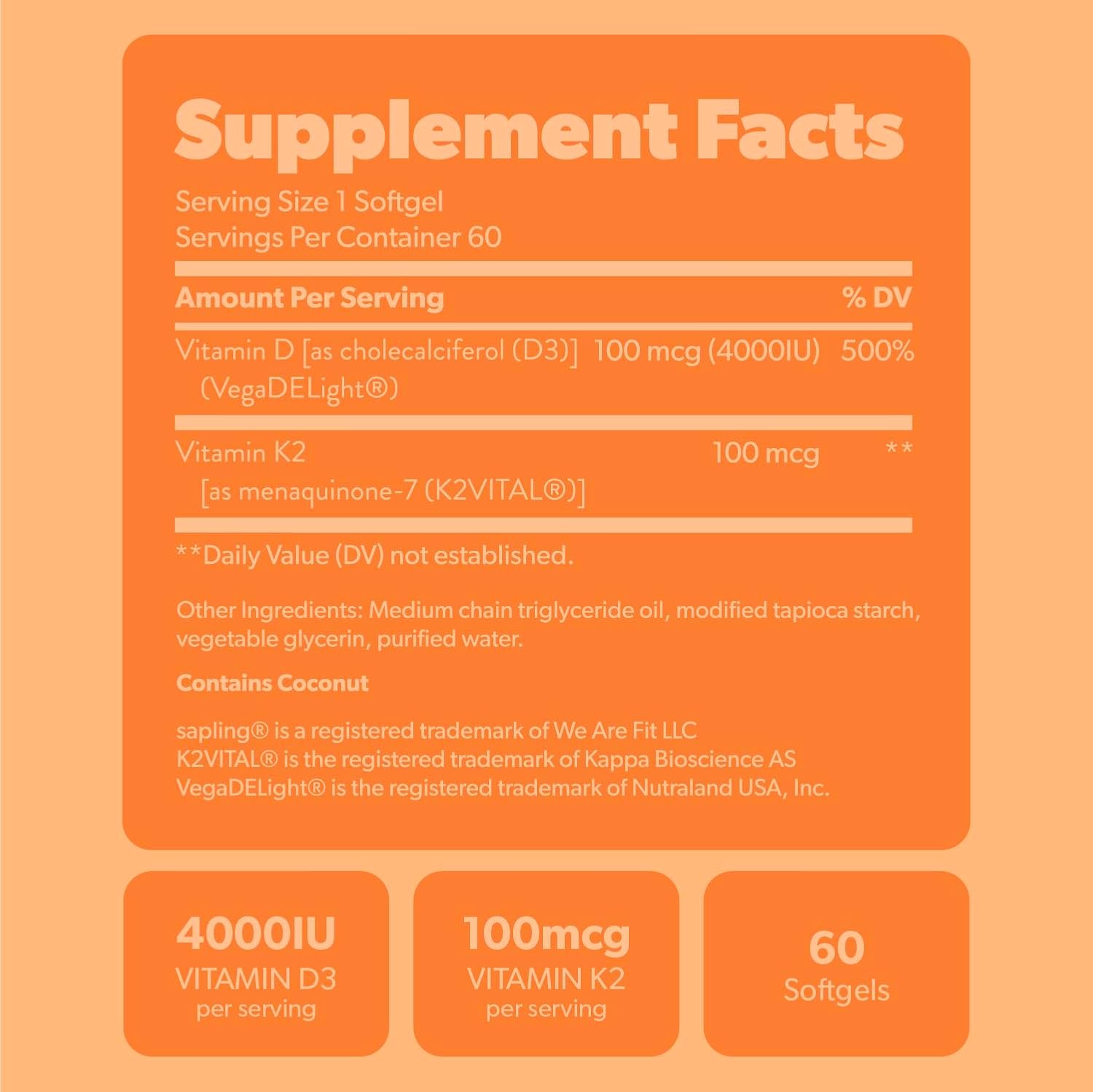 Vegan Vitamin D3 + K2 Supplement with MCT Oil from Coconut - 4000 IU Vitamin D and 100mcg Vitamin K2 as Mk7 - Calcium Absorption, Bone Strength, and Immune Health Support* - 60 Softgels