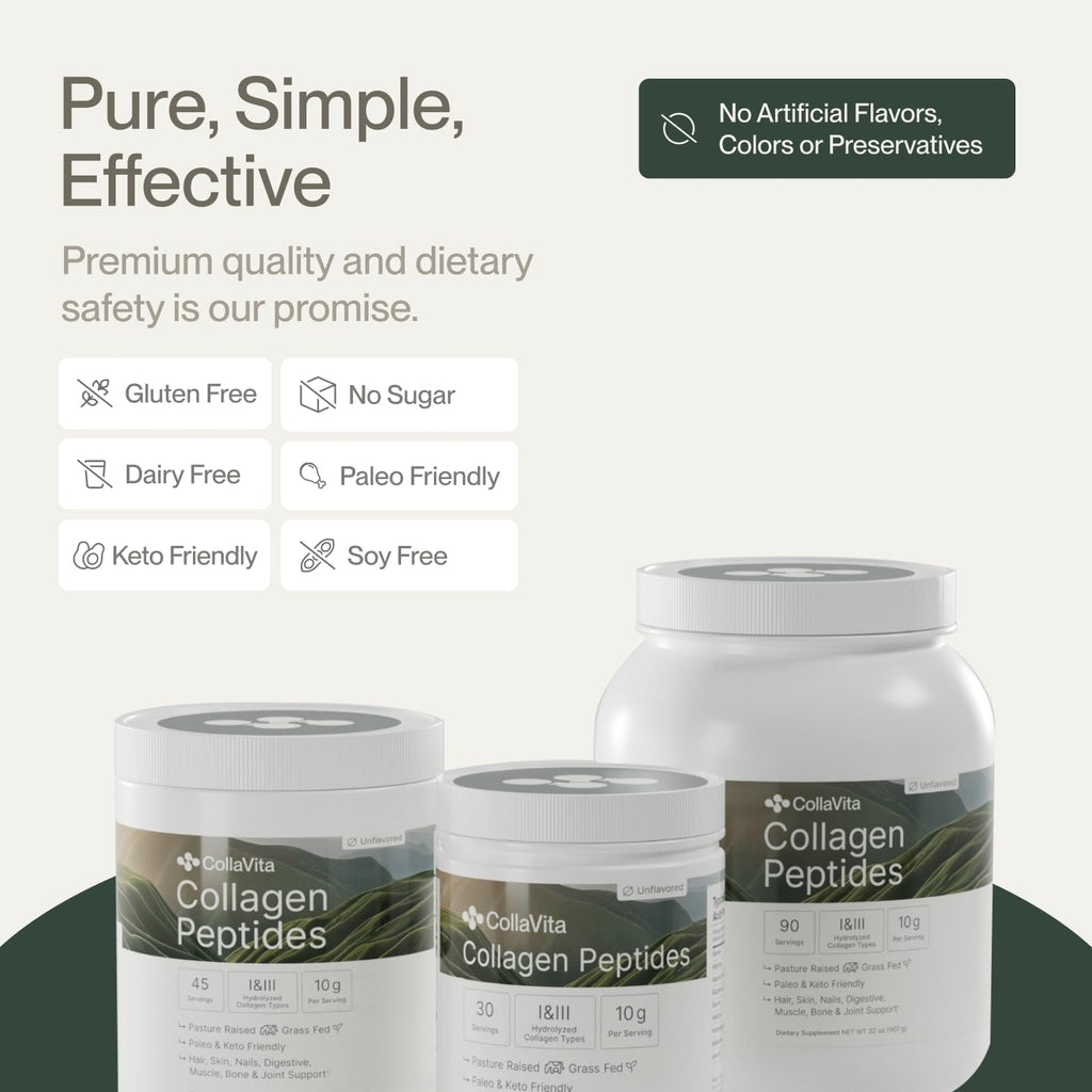 Collagen Peptides Powder Grass-Fed Pasture-Raised Hydrolyzed Collagen Powder, Type I & III Hair, Nails, Skin and Joints, Non-GMO, Paleo & Keto, Unflavored, 32 Fl oz. 90 Servings