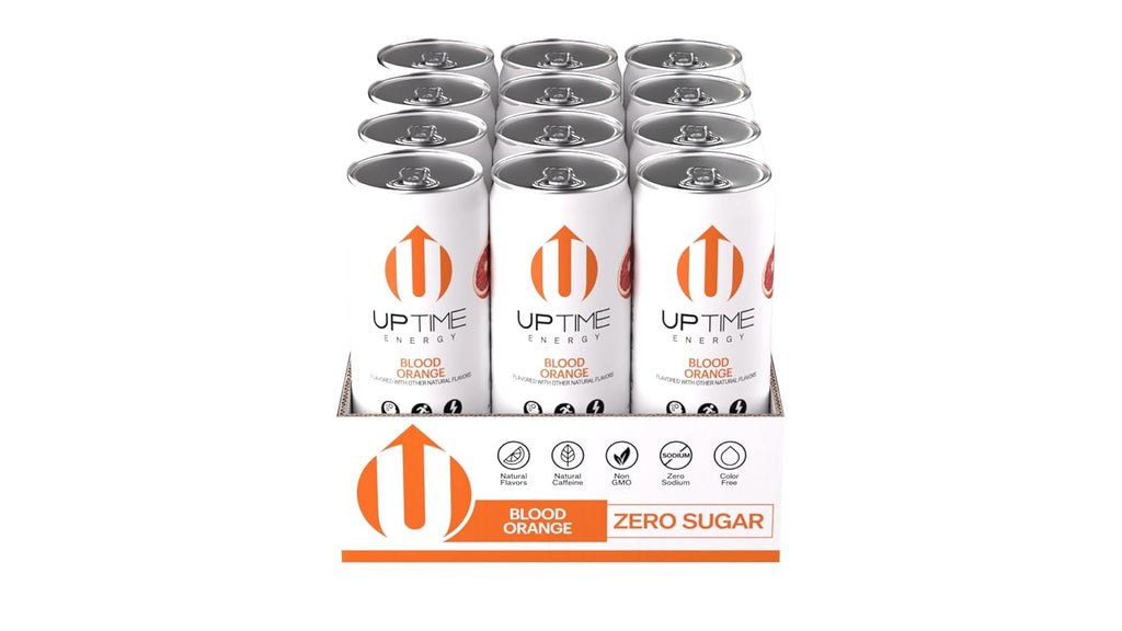UPTIME Energy Drink, Blood Orange Sparkling, 12 Pack, Vitamin C, L Theanine, Calcium, Sugar Free Energy Drinks for Focus Support, 142mg of Natural Caffeine, 0 Calories, Clean, Natural, 12 fl oz Cans