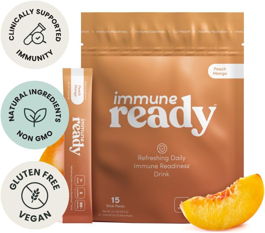 Immune Ready™ Electrolytes Powder Packets - Vitamin C Immune Support Drink Mix with Zinc, D3 & Beta Glucan - Low Sugar Hydration, Delicious Peach Mango Flavor