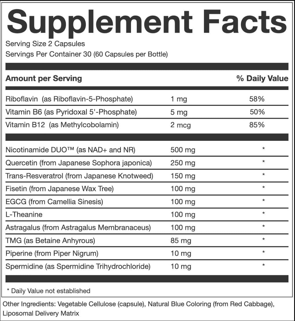 AEON Liposomal NAD+ Longevity Complex, with NAD+, NR, Resveratrol, Quercetin, Fisetin, L Theanine, TMG, EGCG, Spermidine, Astragalus, Anti-Aging Supplement, Vegan, 60 Capsules