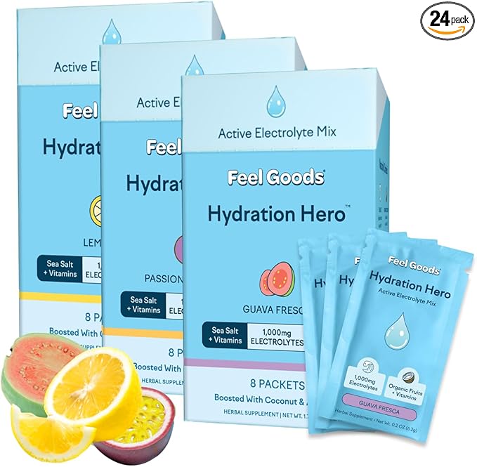 Feel Goods Hydration Hero, Variety Pack, 1,000mg Electrolytes Powder, Sugar Free, Magnesium, Organic Aloe Vera, L Theanine, Vitamin C, Vegan, Non GMO, On The Go Electrolyte Packets, 24 Count