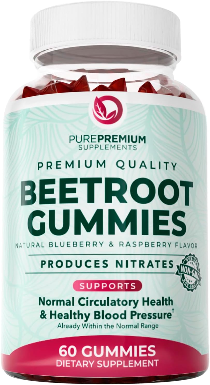 PurePremium Beet Root Gummies - 60 Sugar Free Chews (50:1 Equivalent 1500 mg) - Super Nitric Oxide Beetroot Gummies | Natural Blueberry Flavor - Supplements for Normal Blood Pressure