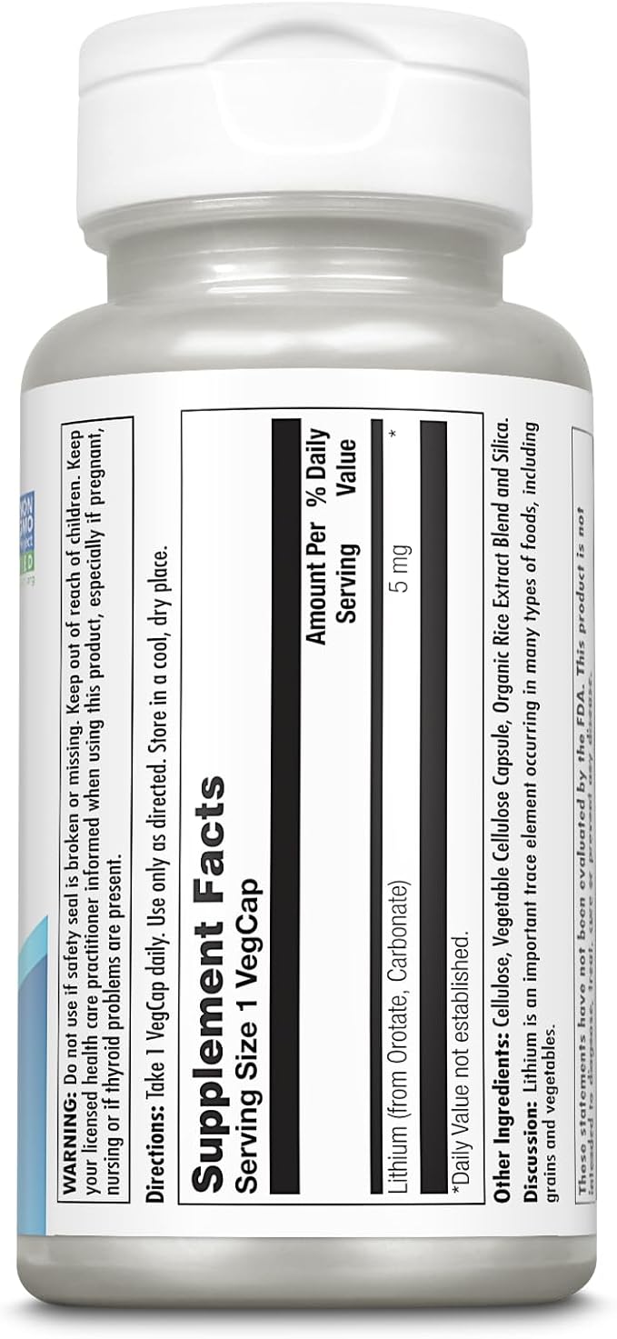 KAL Lithium Orotate 5mg | Low Serving of Chelated Lithium Orotate for Bioavailability & Mood Support | in Organic Rice Bran Extract Base | 60 VegCaps