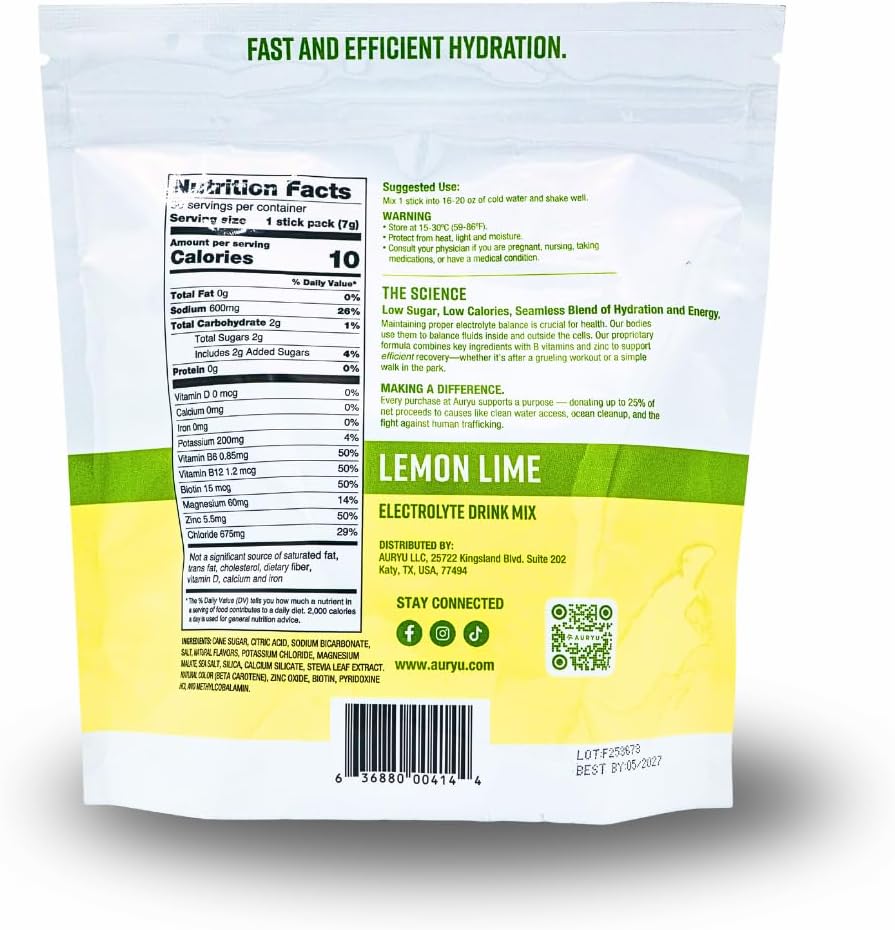 Electrolyte Drink Mix, 30 Sticks, 3 Flavors Pack - Lemon Lime with 600mg Sodium, B Vitamins & Minerals (30, Lemon Lime)
