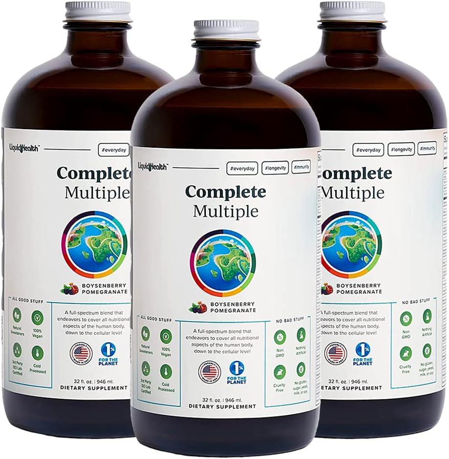 LIQUIDHEALTH Complete Multiple Adult Liquid Multivitamin - Essential Vitamins, Minerals & Nutrients, Immune Support, Gut Health, Energy, Detox - Made in USA, Vegan, Non-GMO, Sugar-Free (3 Pack)