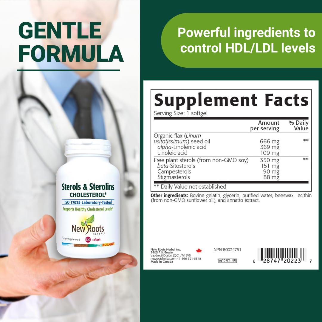 NEW ROOTS HERBAL Plant Sterols and Sterolins Supplement with Organic Flaxseed | Stanols or Phytosterols for Cholesterol Support with Source of Omega-3s (120 Softgels)