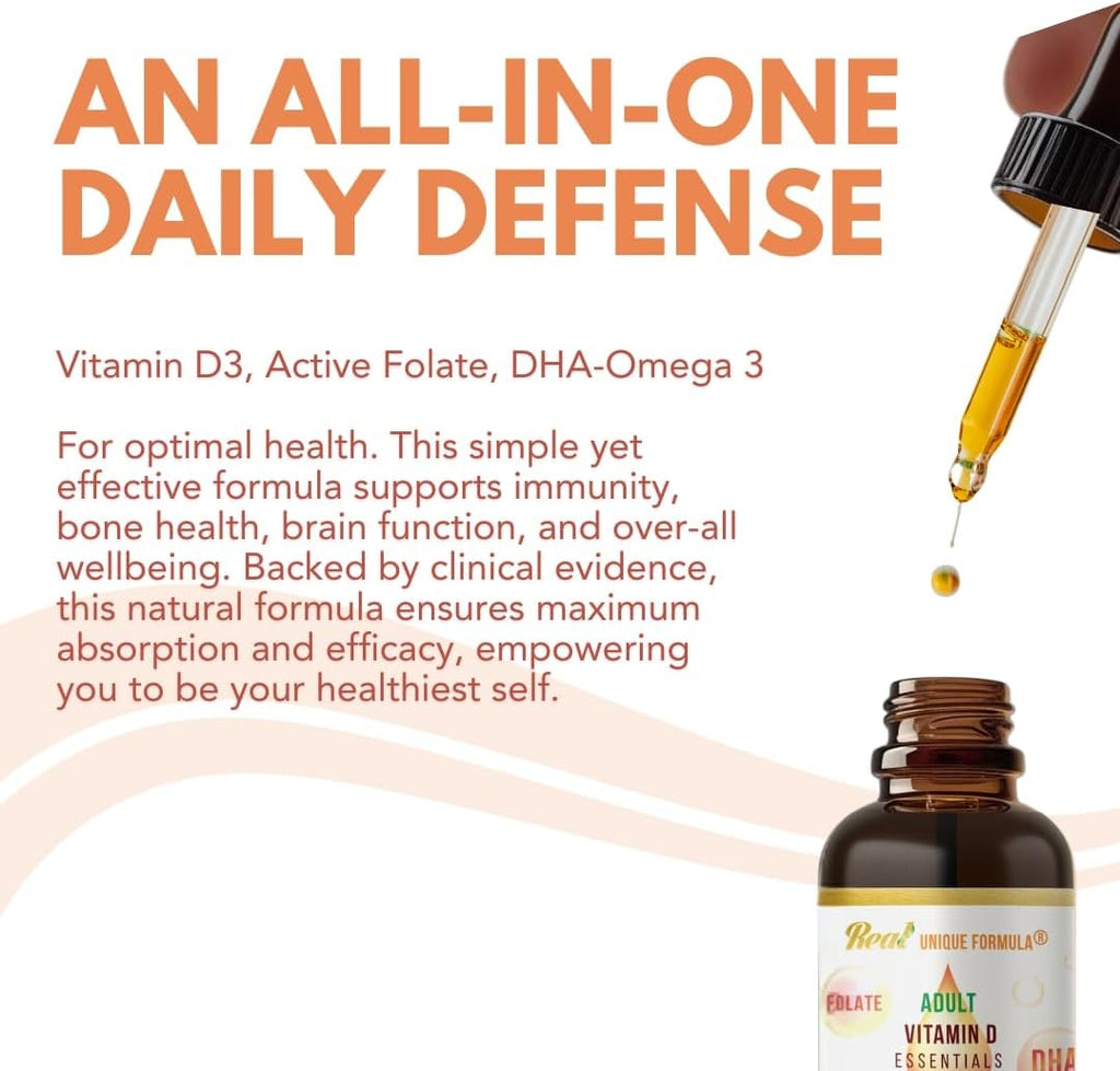 Adults Health Essentials Drops - Liquid DHA Omega 3, Natural Vitamin D3 1000 IU, Folate Supplement, Supports Heart, Brain, Eyes & Joint Health Supplement for The Whole Family