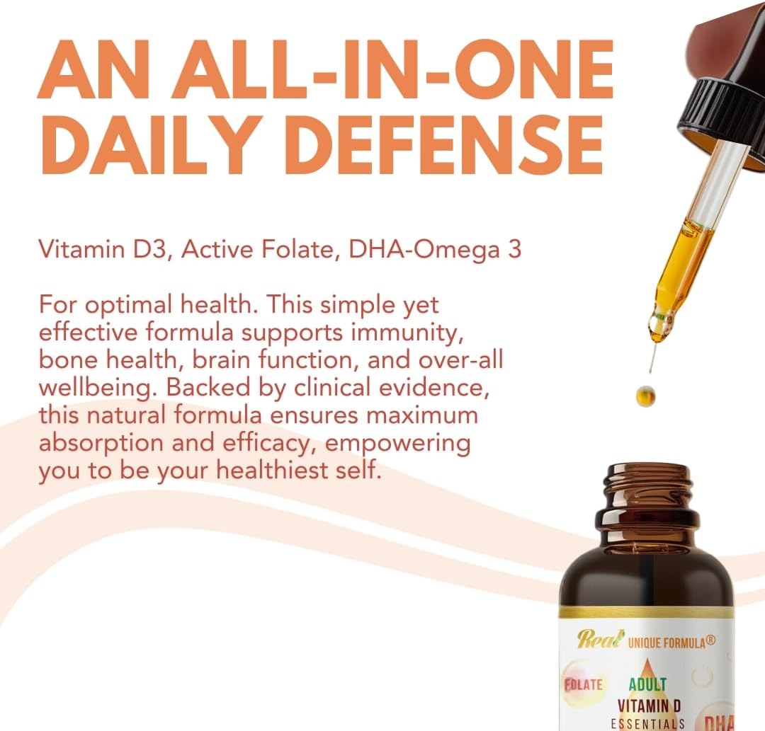 Adults Health Essentials Drops - Liquid DHA Omega 3, Natural Vitamin D3 1000 IU, Folate Supplement, Supports Heart, Brain, Eyes & Joint Health Supplement for The Whole Family