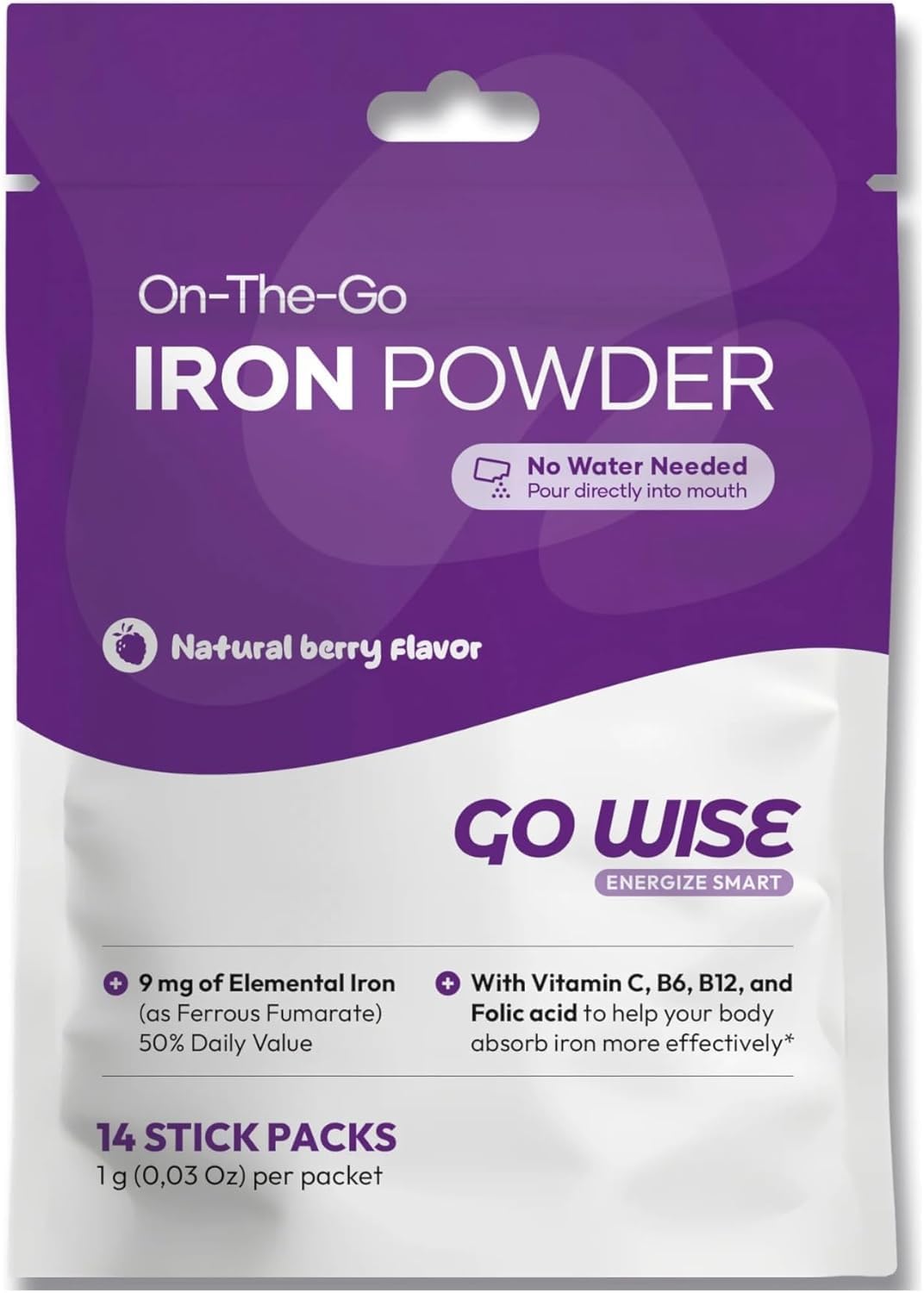 Go Wise Iron Powder - 14 Stick Packs with Vitamin C, B6, B12 and Folic Acid for Direct Consumption, No Water Needed - Gentle Iron Supplement for Women and Adults - Pack of 3