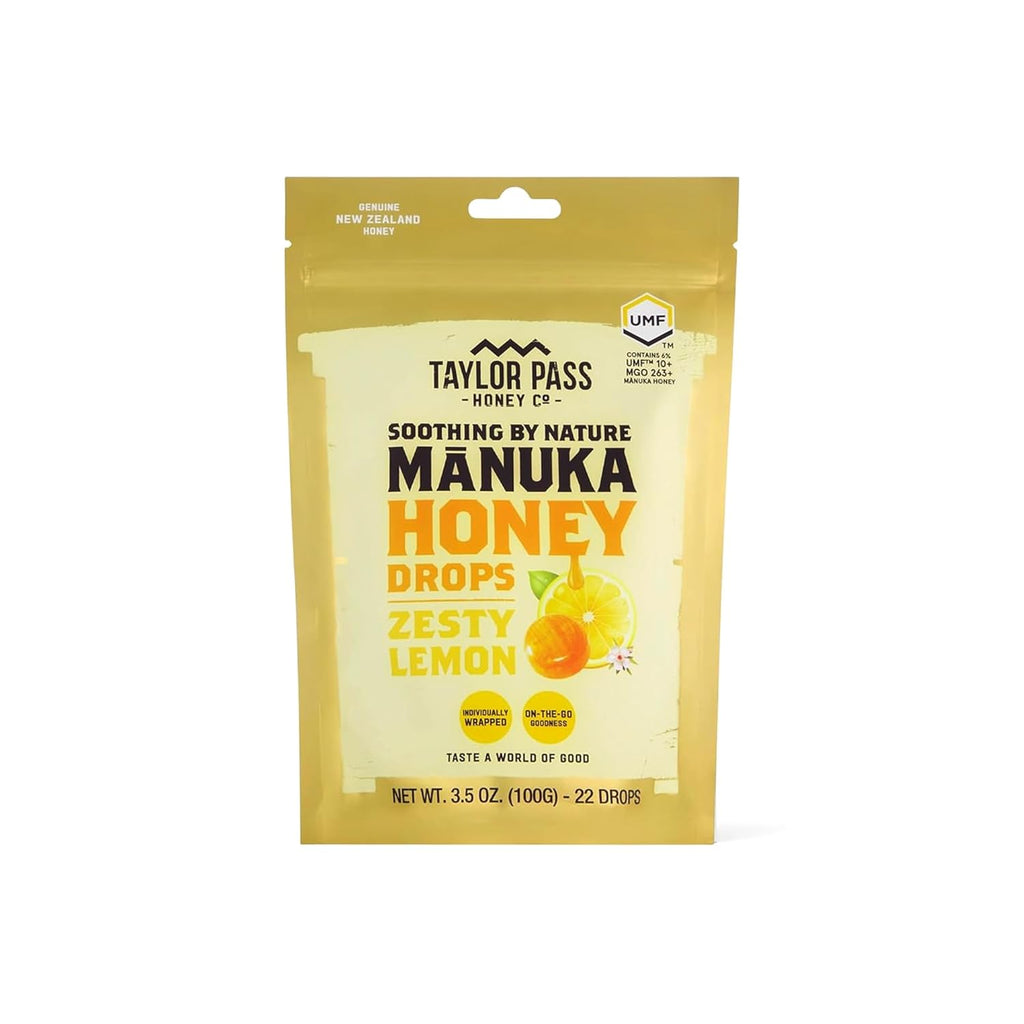 Taylor Pass Honey Co Mānuka Honey Drops UMF™ 10+| Zesty Lemon | Mānuka Honey Lozenges | Soothing Natural Manuka On-The-Go | 22 Individually Wrapped Drops | Made in New Zealand
