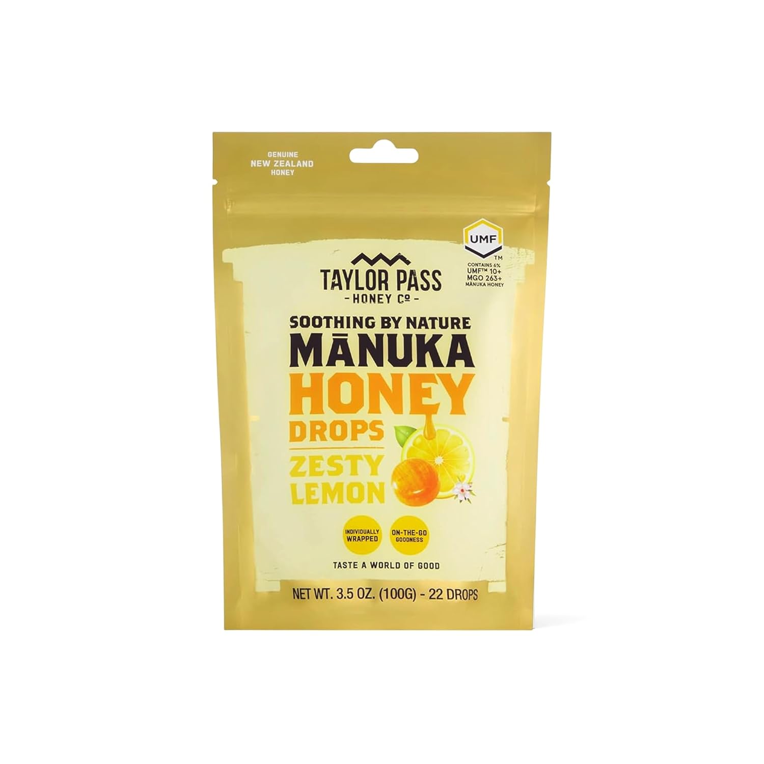Taylor Pass Honey Co Mānuka Honey Drops UMF™ 10+| Zesty Lemon | Mānuka Honey Lozenges | Soothing Natural Manuka On-The-Go | 22 Individually Wrapped Drops | Made in New Zealand