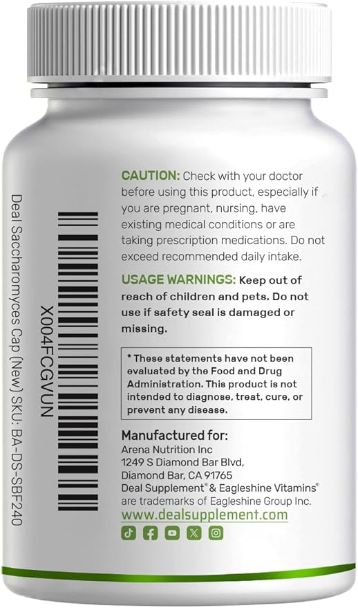 Saccharomyces Boulardii Probiotics + FOS Supplement, 10 Billion CFU, 240 Veggie Capsules – Probiotic & Prebiotic for Women & Men – Gut, Immune & Digestive Health Support – Non-GMO