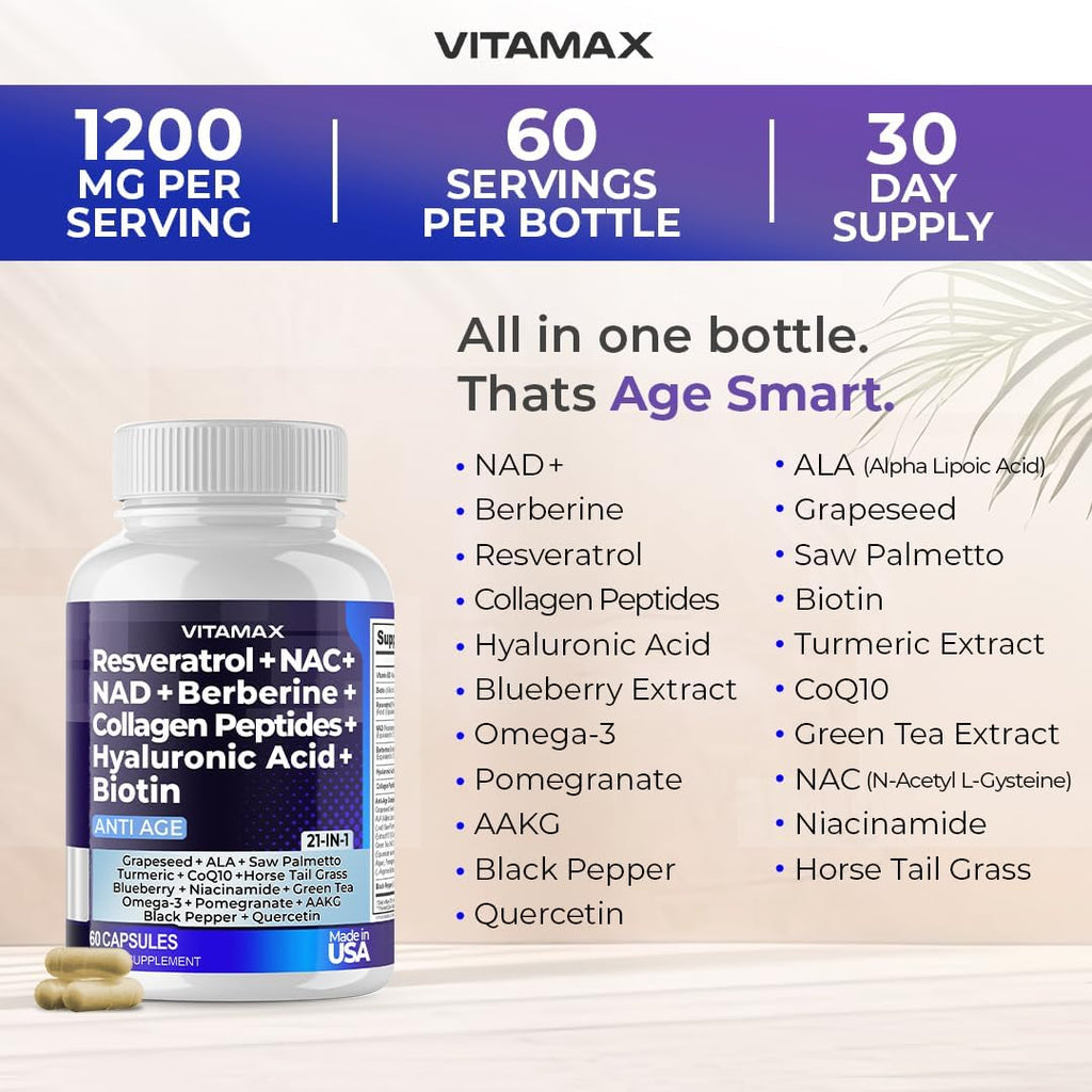 Resveratrol NAD+ Berberine Hyaluronic Acid - Biotin Grape & Blueberry + NAC - Collagen Peptides - Hair, Nail, Skin & Joint Supplement - 21-in-1 Women and Men - Made in USA - 120 Count