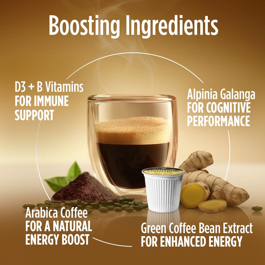 VitaCup Lightning Coffee Pods, for Memory & Focus w/ 2X Caffeine, Green Coffee Bean, B Vitamins, D3, Strong Dark Roast, Recyclable Single Serve Pod Compatible with Keurig K-Cup Brewers, 16 Ct