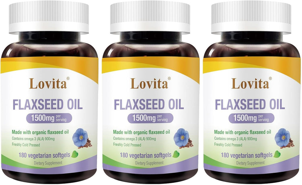 Lovita Vegan Omega-3 Cold-Pressed Flaxseed Oil: 1500mg, 900mg ALA, 180 Softgels (Pack of 3)