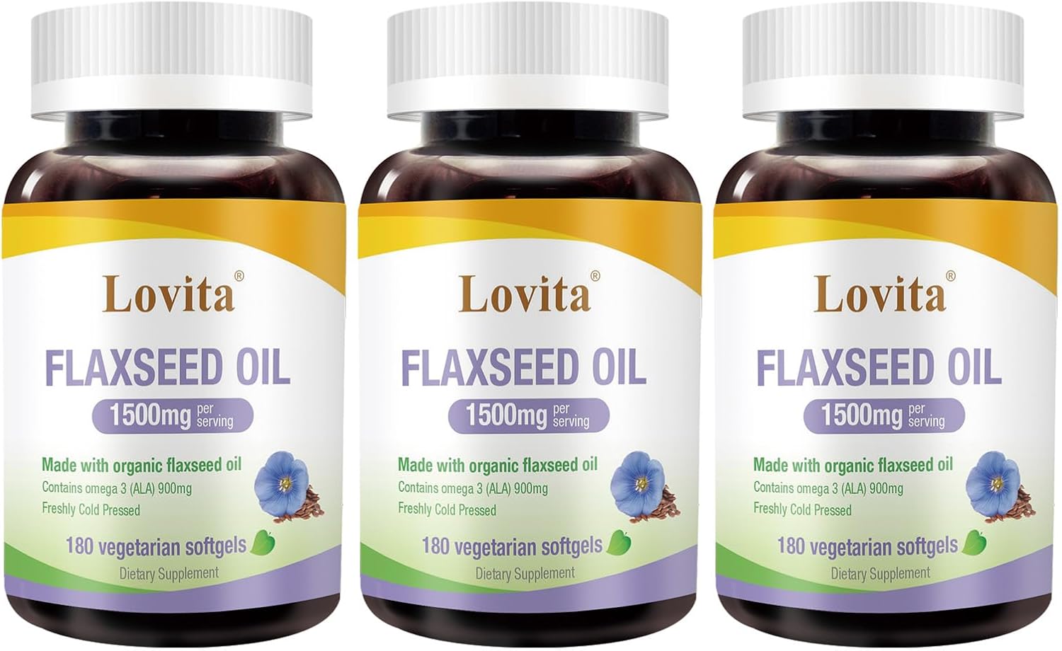 Lovita Vegan Omega-3 Cold-Pressed Flaxseed Oil: 1500mg, 900mg ALA, 180 Softgels (Pack of 3)