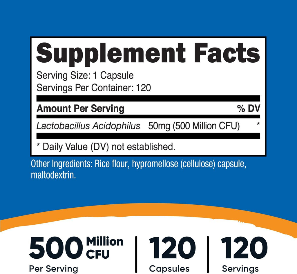 Nutricost Lactobacillus Acidophilus 500 Million CFU Per Serving (120 Capsules)