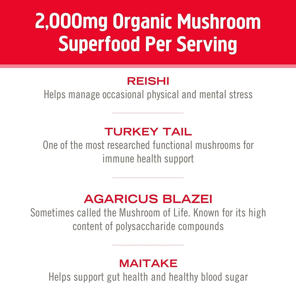 Om Mushroom Superfood Immune Defense Mushroom Capsules Superfood Supplement, 90 Count, 30 Days, Mushroom Blend, Reishi, Turkey Tail, Maitake, Agaricus Blazei, Vitamin C, Vegan