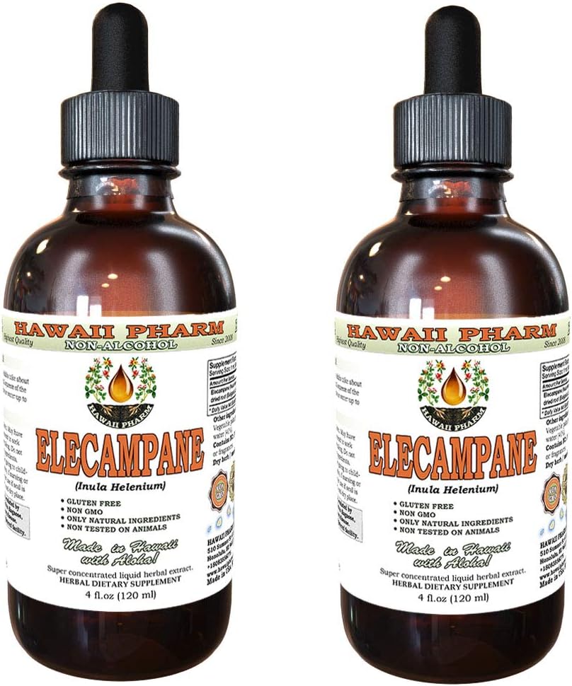 Elecampane Alcohol-Free Liquid Extract, Organic Elecampane (Inula Helenium) Dried Root Glycerite Hawaii Pharm Natural Herbal Supplement 2x4 oz