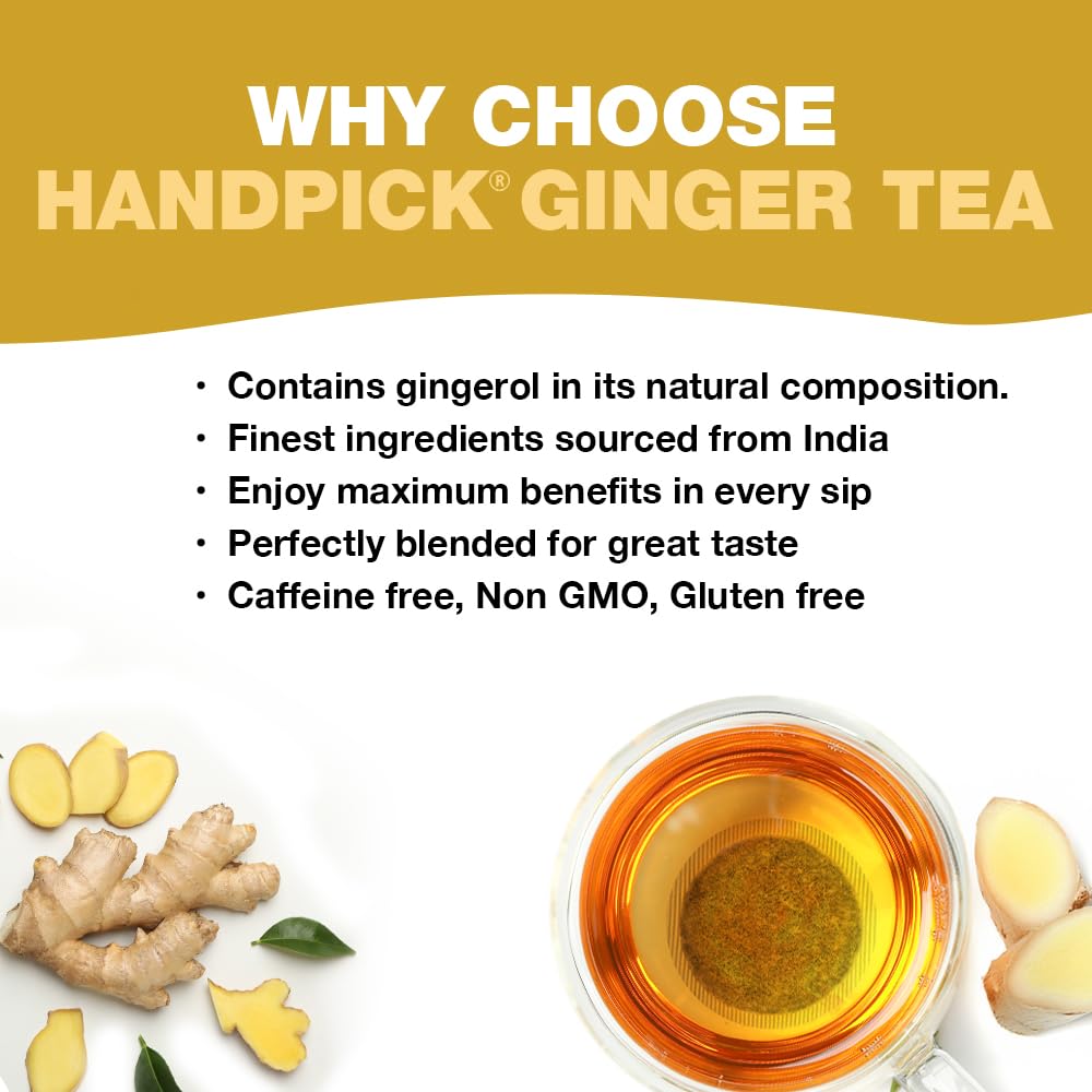 HANDPICK, Organic Ginger Tea Bags (100 Herbal Tea Bags), Authentic Indian Origin, Caffeine Free & 100% Pure Ginger Root |Soothing & Spicy Blend | Round Eco Conscious Teabags