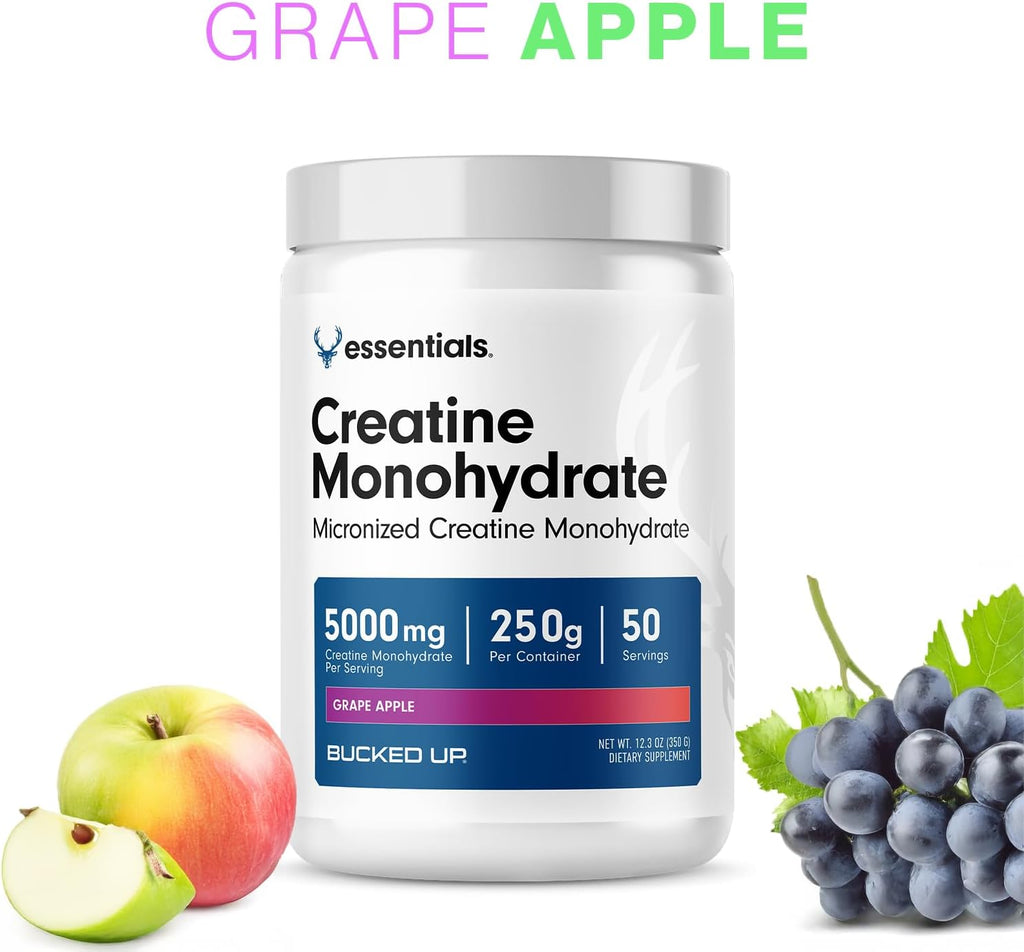 Bucked Up Grape Apple Creatine for Women and Men - Easy to Mix Vegetarian - Flavored Creatine Monohydrate Powder - Made in USA - 5G Per Serving - 50 Servings - 250 Grams Per Container