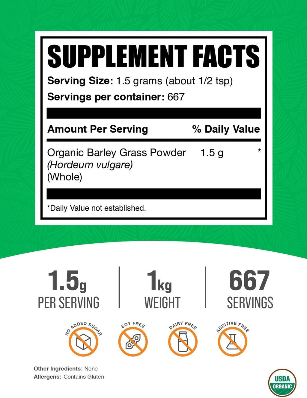 BulkSupplements.com Organic Barley Grass Powder - Green Superfood Powder, Herbal Supplement - Vegan-Friendly, 1.5g per Serving, 1kg (2.2 lbs) (Pack of 1)