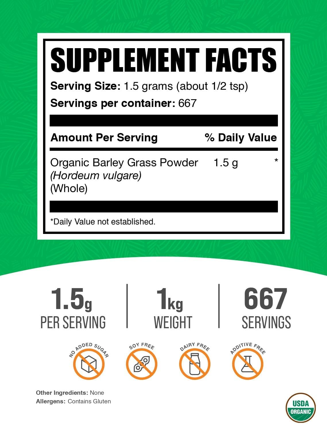 BulkSupplements.com Organic Barley Grass Powder - Green Superfood Powder, Herbal Supplement - Vegan-Friendly, 1.5g per Serving, 1kg (2.2 lbs) (Pack of 1)