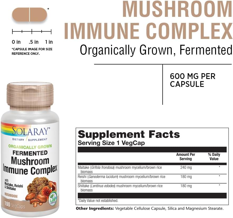 SOLARAY Organically Grown Fermented Mushroom Immune Complex 600 mg | Healthy Immune Function Support | 100 VegCaps