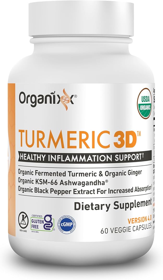Organixx USDA Organic Turmeric Curcumin Supplement with Ashwagandha, Vitamin D, Turmeric & Ginger – Fermented for Maximum Bioavailability, 60 Count (Pack of 3)