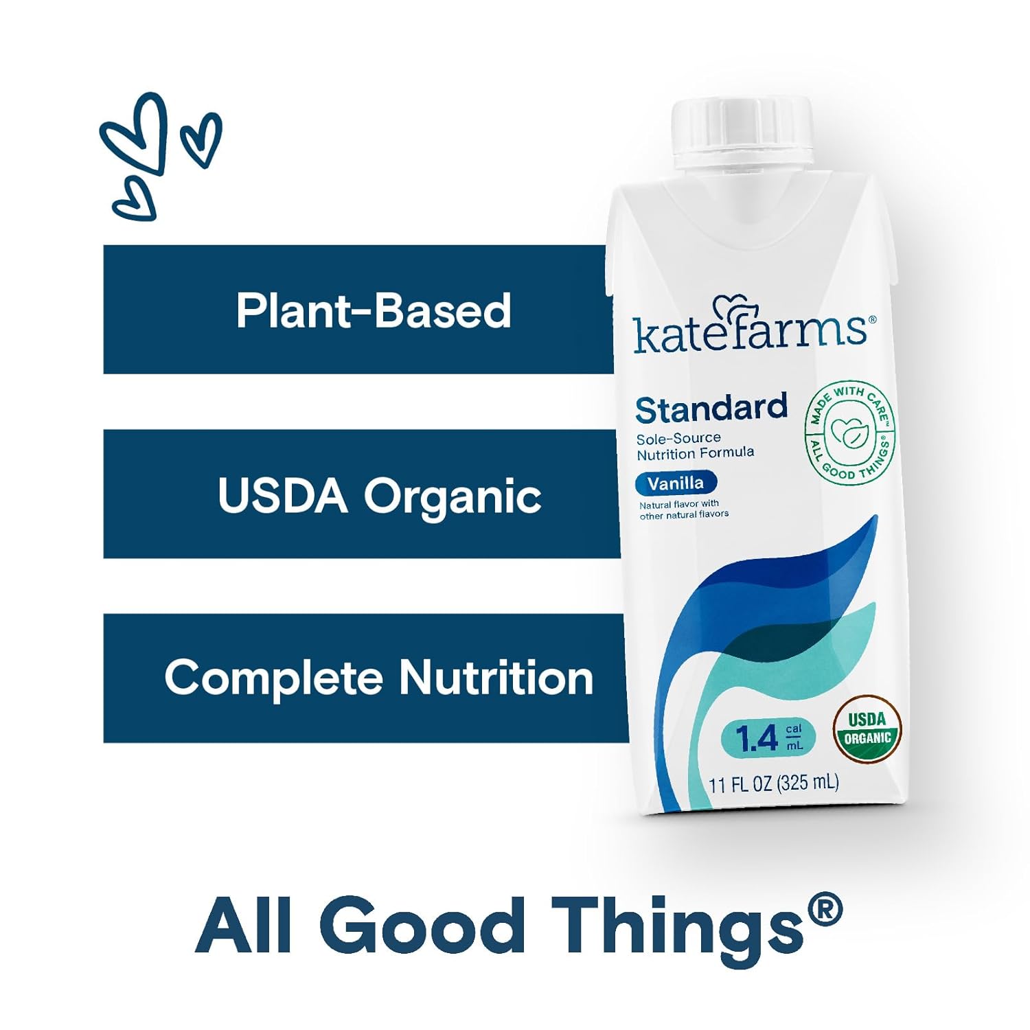 KATE FARMS Organic 1.4 High Calorie Nutrition Shake, Vanilla, 20g Protein, 27 Vitamins and Minerals, Meal Replacement, 11 oz (6 Pack)
