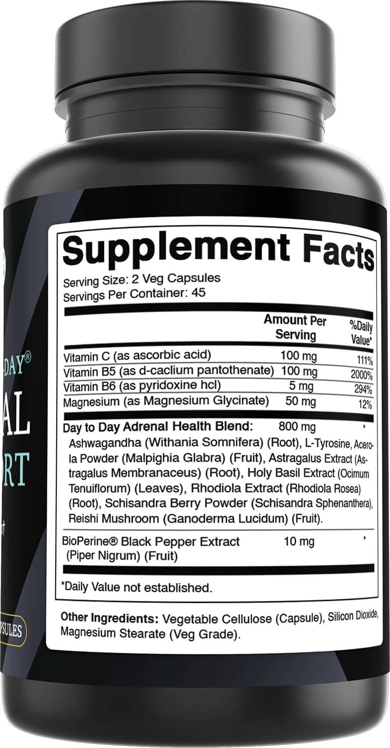 Best Naturals Day-to-Day Adrenal Support Supplements - 90 Veg Capsules - Made with Ashwagandha, L-Tyrosine, Magnesium, Rhodiola & Holy Basil & Bioperine