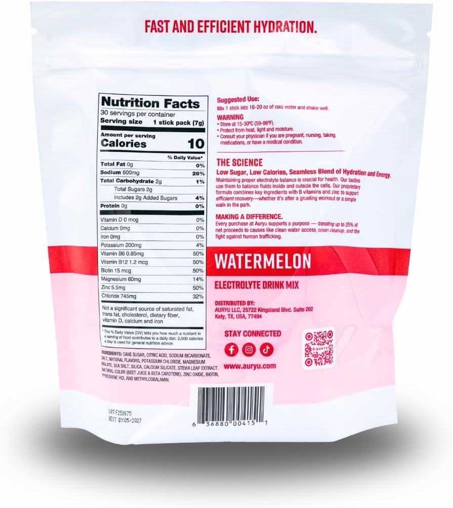 Electrolyte Drink Mix Watermelon – Hydration Powder with 600mg Sodium, Potassium, Magnesium, Zinc & B Vitamins – 30 Sticks
