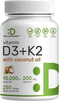 DEAL SUPPLEMENT Vitamin D3 10,000 IU + K2 MK7 200mcg Softgels, 250 Count | 2-in-1 Complex with Virgin Coconut Oil | Supports Heart, Bone, Teeth & Immune Health | Easy to Swallow