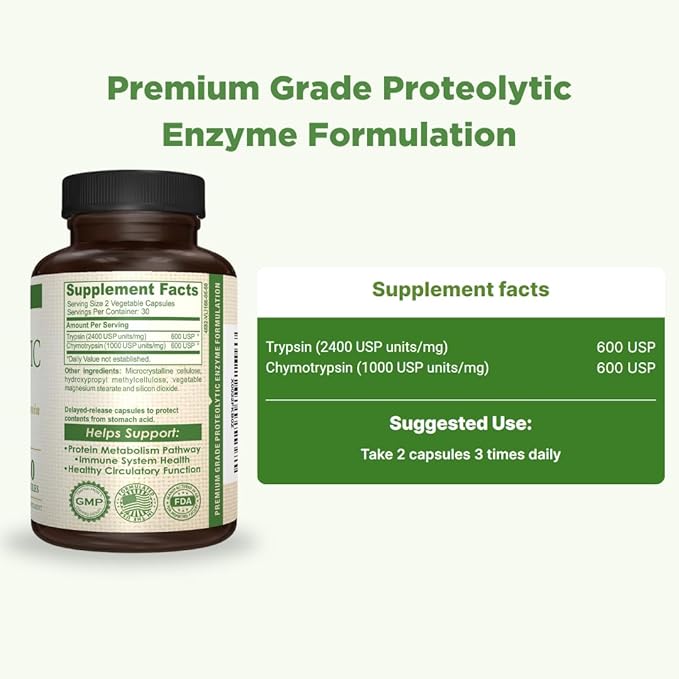 Proteolytic Enzymes with Trypsin & Chymotrypsin - Digestive Enzyme Support - Helps Maintain Tissue, Immune & Circulatory Health | Made in USA | Dietary Supplement - 60 Capsules