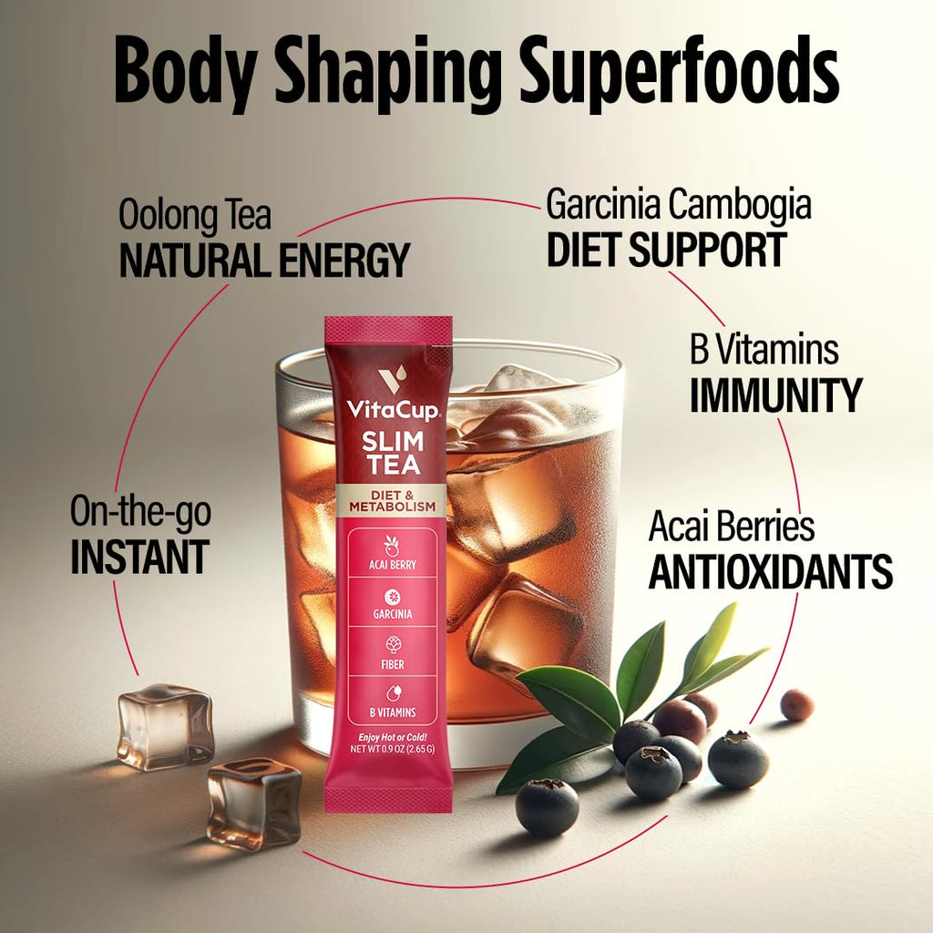 VitaCup Slim Instant Tea Packets For Diet Support, Oolong tea w/B Vitamins, Garcinia, Inulin & Acai, On-the-go Instant Sticks, 10 Ct
