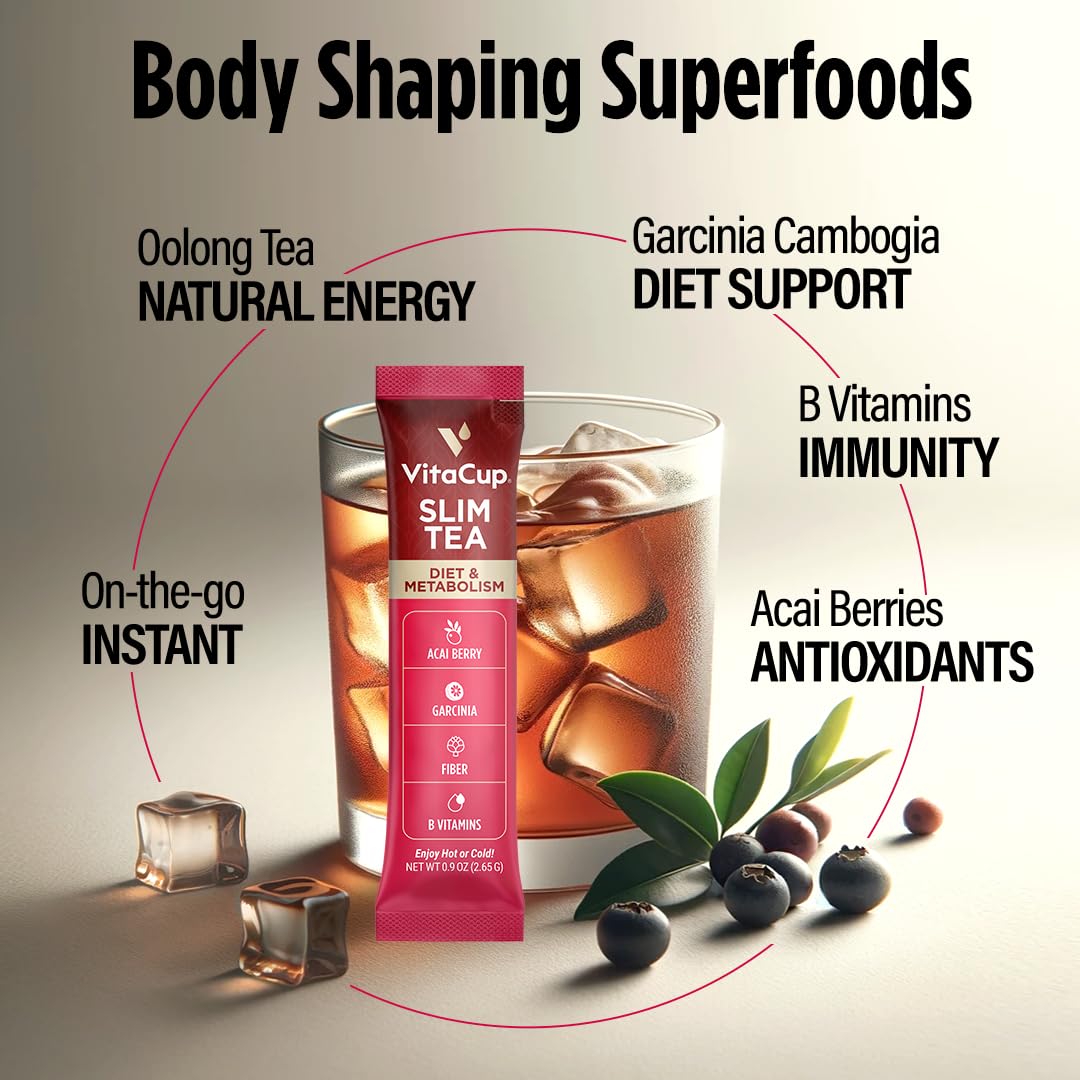 VitaCup Slim Instant Tea Packets For Diet Support, Oolong tea w/B Vitamins, Garcinia, Inulin & Acai, On-the-go Instant Sticks, 24 Ct