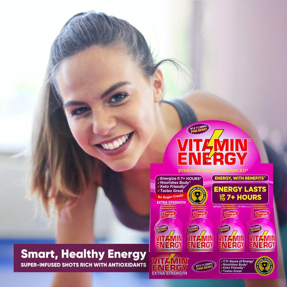 Vitamin Energy B12 11,000% Extra Strength Energy Shot Pink Berry 48 Pack, 260mg Natural Caffeine, B12 & B6, Nootropic Focus, Vitality, Zero Sugar, Gluten-Free, Vegan, Kosher, 1.93 fl oz