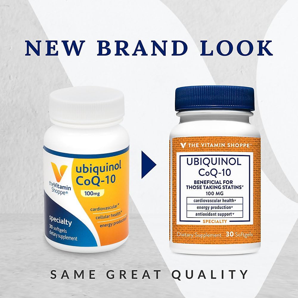 The Vitamin Shoppe Ubiquinol CoQ-10 100mg - Beneficial for Those Taking Statins – Supports Heart & Cellular Health and Healthy Energy Production, Essential Antioxidant – Once Daily (30 Softgels)