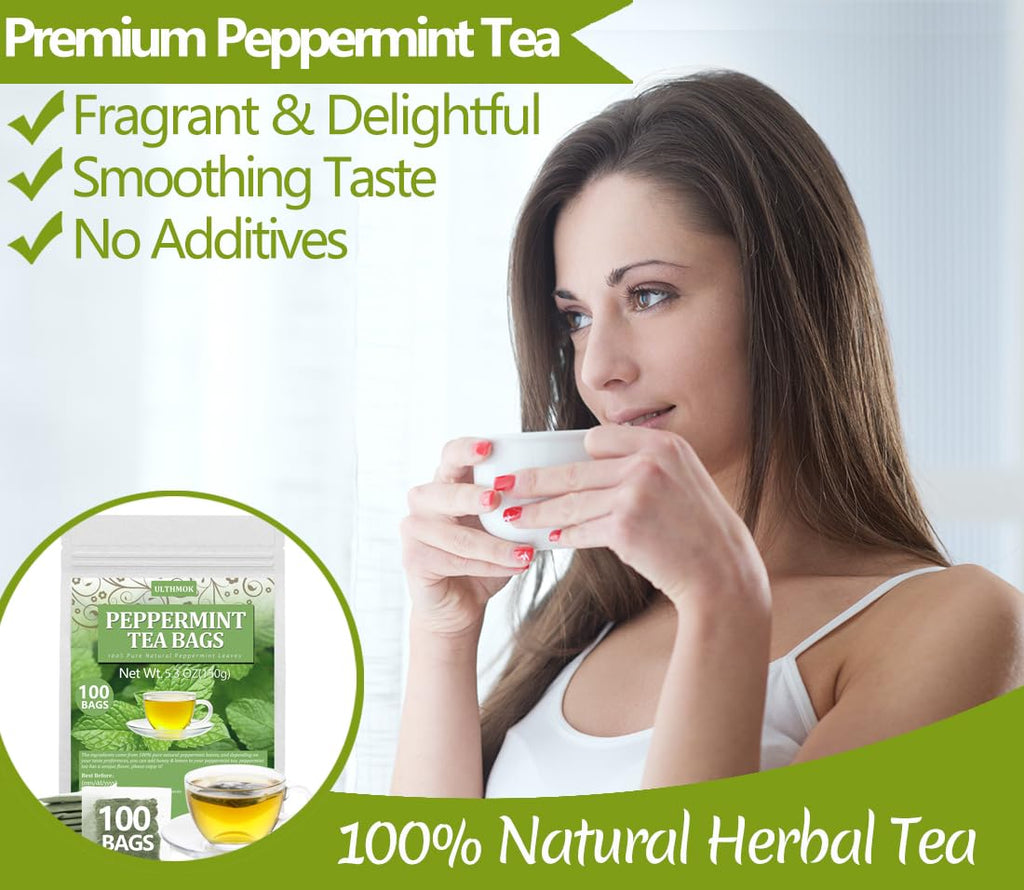 Premium Peppermint Tea Bags, 100 Tea Bags, Made with 100% Natural Peppermint Leaves, No Additives & Caffeine Free.