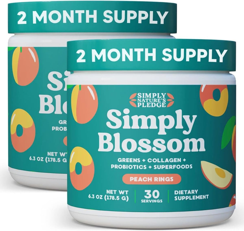Simply Blossom Nutrition Daily Greens & Superfood Powder + Collagen + Probiotics for Women's Digestive Health & Bloating Relief. Help Your Health Bloom - Peach Rings - 2 Month Supply