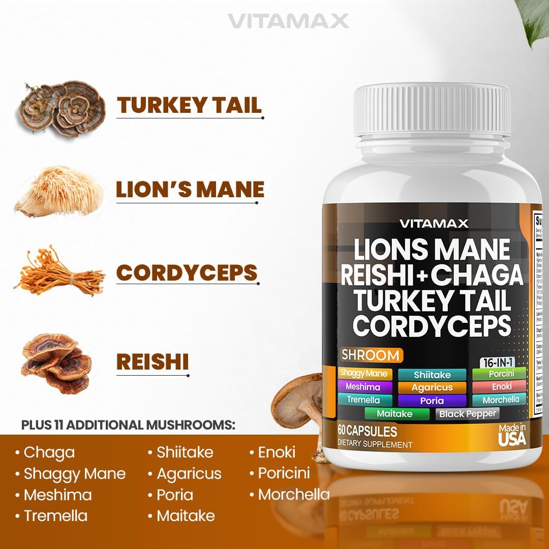 Lions Mane Mushroom, Turkey Tail, Chaga & Reishi, Cordyceps Shiitake White Elm King Trumpet Nameko Oyster Porcini Focus & Energy - Made in USA (60 Capsules (Pack of 1))